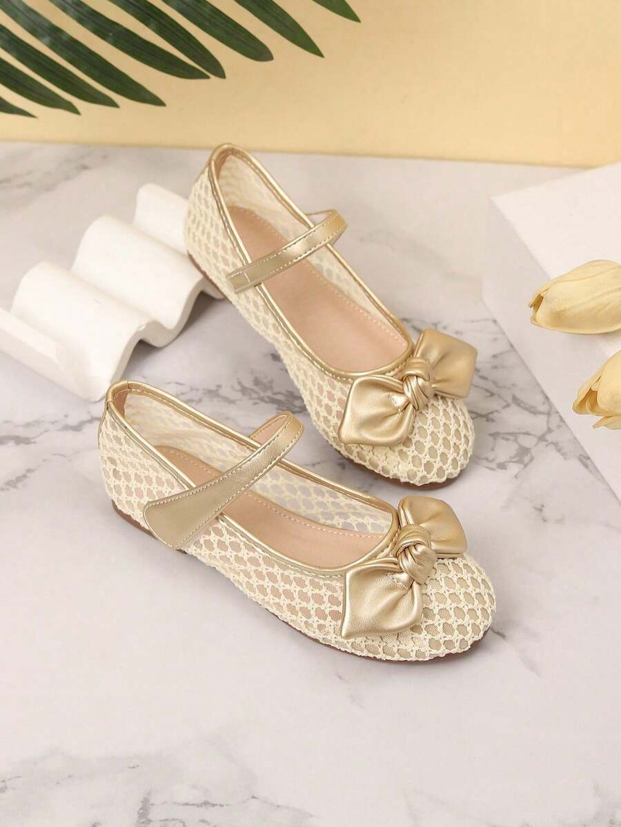1 Pair Girls' Bow Decor Flat Shoes, Suitable For Spring And Autumn - Gold - View 1
