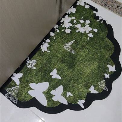 1 件装不规则半圆形花蝶图案夏季降温地垫，超强吸水硅胶浴室垫 - 柔软防滑，防污，亚麻质感，速干，可手洗，长方形。（不规则图案需要手工裁剪，尺寸误差 1-5 厘米属正常范围，建议选购大一号尺寸）