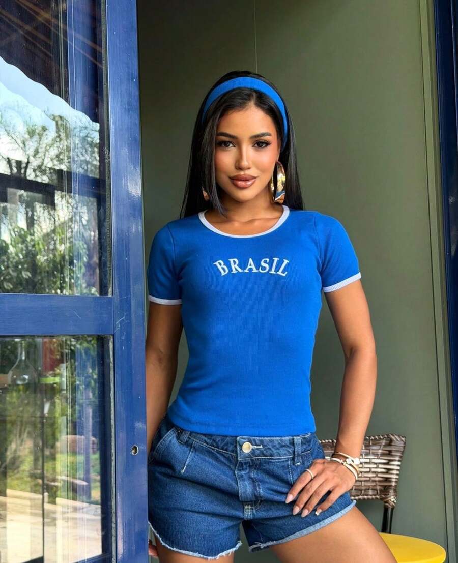 Women's Brazil Cotton Ribbed T-Shirt, Fitted To The Body, Casual, Comfortable, Short Sleeve, World Cup, Beach, Vacation - 藍色 - 查看 1