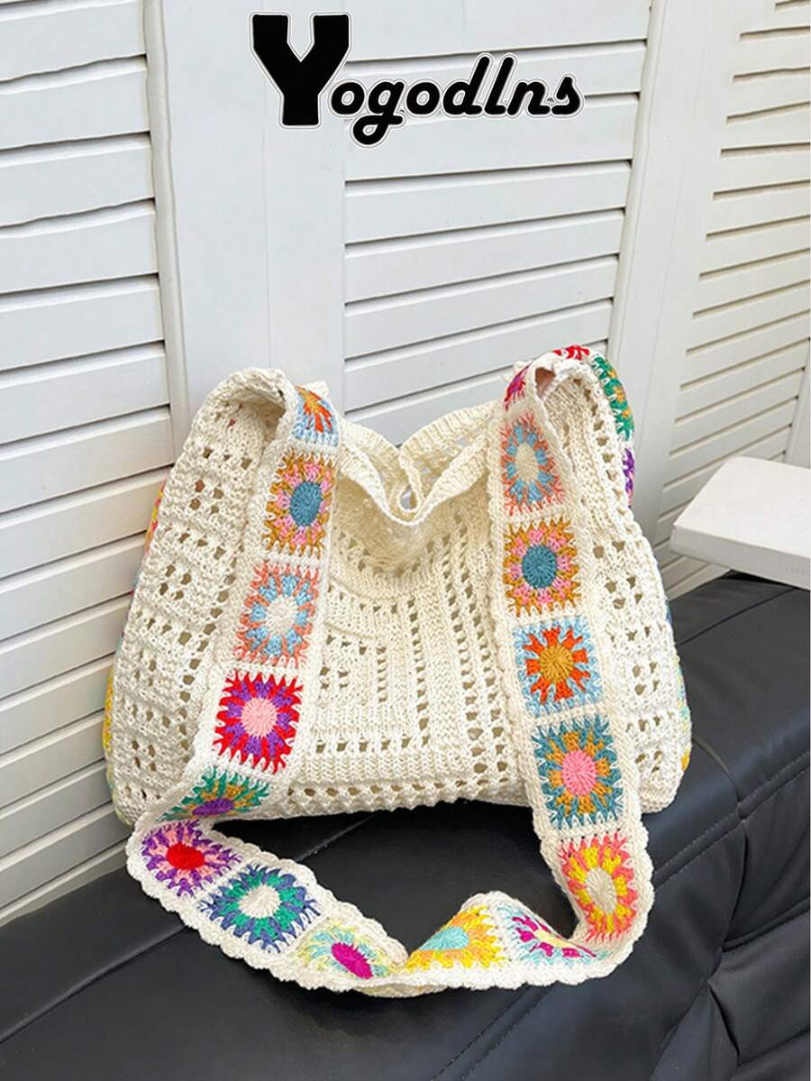 Yogodlns Minimalist Knit Shoulder Bag Boho Crochet Handbag Vintage Lace Hollow-Out Purse For Women Casual Crossbody Underarm Bag Fashion Mesh Crochet Shoulder Bags Casual Shopper Tote Bag Large Capacity Knitted Travel Purse And Handbag For Women - Beige - View 1