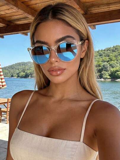 Retro Round Large Frame Colorful Lens Fashion Fashion Glasses, Metal Temple Classic Style For Outdoor Travel Beach Vacation Casual Wear, Summer UV Protection Unisex