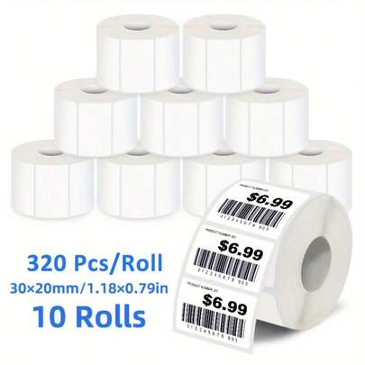 10 Rolls Of Blank White Label Stickers, Each Roll Contains 320 Labels, Size 30x20mm (1.18" X 0.79"), Suitable For Barcodes/Item Classification/Office/Labeling/Commercial/Home Labeling/Addresses/Gift Wrapping Labels