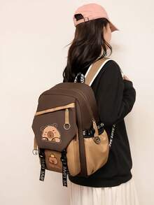 1pc Cute Water Vole Pattern Contrast Color Backpack, Large Capacity Lively Student Backpack, Multi-Pocket Design, Fashion Backpack, Practical Handbag, Personalized Lightweight Backpack. Note: Strap Color Is Randomly Shipped. - Khaki - View 6