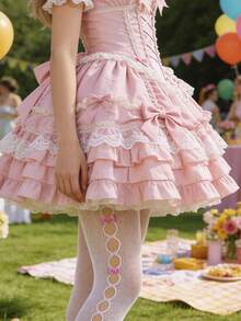 1件卡哇伊粉色网纱蝴蝶结装饰连裤袜，透明丝袜 - 粉色 - 查看 2