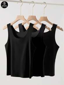 3 piezas Camiseta sin costuras - Camiseta interior sin mangas de cuello redondo suave en colores transparentes/semitransparentes de varios colores - Negro - Ver 8