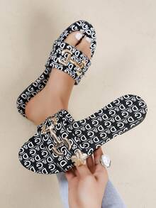 2026夏季新款设计师女士金色搭扣印花拖鞋，舒适时尚日常穿着拖鞋 - 黑色 - 查看 1