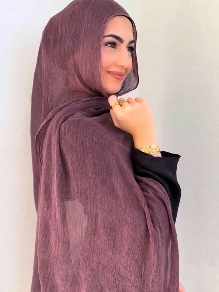 1pc Lightweight Solid Color Riffled Hijab, Casual And Convenient For Daily Use - Purple - View 1