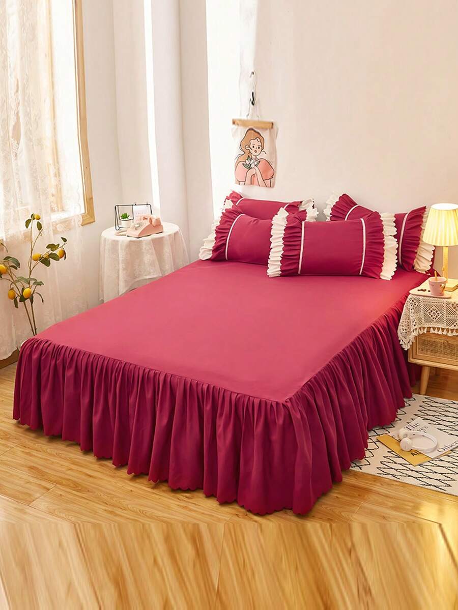 Bộ 3 món ga trải giường màu đỏ tía xếp ly mềm mại (1 ga trải giường + 2 vỏ gối), chất liệu vải chải mịn mật độ cao, mềm mại và thân thiện với da, có thể giặt, viền xếp ly thanh lịch, thiết kế cạp chun co giãn cao, phù hợp cho phòng ngủ, phòng khách, ký túc xá, mọi mùa. - Thời gian trôi nhanh_Màu đỏ rượu vang - Xem 1