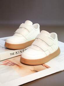 1 Pair Soft Leather Hook And Loop Flat Bottom Sneakers, Versatile Baby/Toddler Unisex White Shoes, Comfortable Non-Slip - أبيض - مشاهدة 2