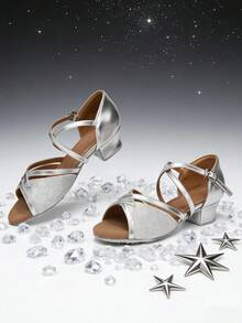 Girls' Low Heel Latin Dance Shoes, Practice Dance Sandals, Beginner Social Dance Shoes - Silver - View 3