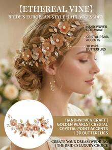 1 pieza Peineta de novia elegante con flor dorada y mariposa de perlas falsas, accesorio para el cabello de boda con rhinestones, tocado floral romántico para novias y damas de honor, estilo bohemio con flor de metal calada y decoración de mariposa, clip para el cabello con brillantes rhinestones y perlas para fiesta, boda, verano, playa, festival, cumpleaños - Dorado - Ver 3