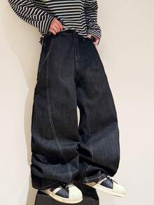 1pc Korean Retro Men's Patchwork Star Embroidered Wide Leg Pants, Loose Comfortable Casual Fashion All-Match Streetwear College Style Relaxed Fit Jeans (No Belt & Accessories) - 黑色 - 查看 5