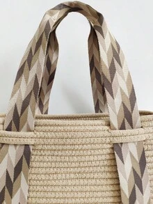 1pc Handmade Woven Storage Basket, Large Capacity Woven Tote Bag, Handcrafted Straw Woven Beach Picnic Basket - Multicolor - View 4