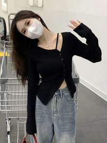 極簡純色修身開衩鈕扣獨特設計長袖女款休閒T恤 - 黑色 - 查看 3