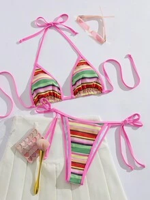 Women's Leopard Print Patchwork Tankini Top And Bottom Casual Swimsuit Set, Summer Vacation Beach - Multicolored Stripes - View 6