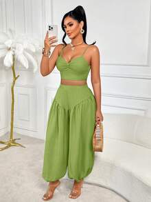 AIJ Amarilo休闲度假性感可调节吊带上衣搭配宽松可调节腰围阔腿裤，带口袋 - 豆綠色 - 查看 6
