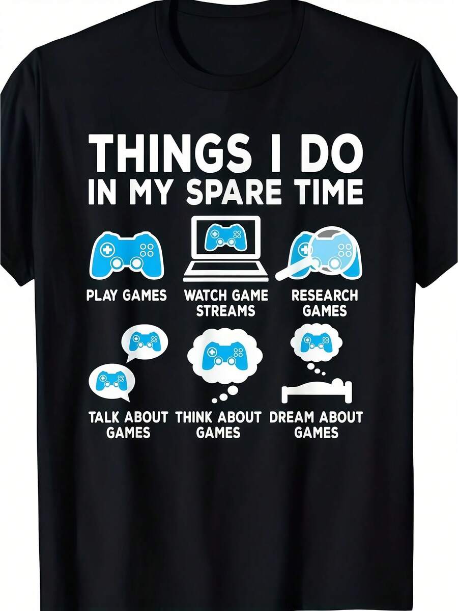 1 Pc Men's Clothing Gaming Graphics Printed Black Tshirt, Graphic Tee, Summer Tops, Shirt, Unisex Casual Crew Neck Tshirt, Plus Size Men's 5XL, Lightweight 220 G/M² Knitted Fabric, Machine Washable, Suitable For Spring/Summer/Autumn Wear For Halloween, Christmas, Valentine's Day - 黑色 - 查看 1