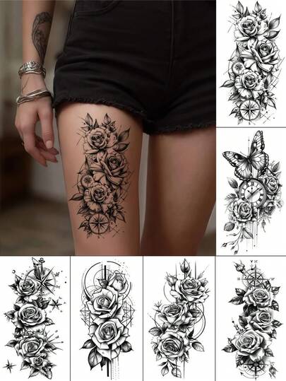 6 Sheets Black Flower Temporary Tattoos For Women Sexy Rose Tattoo With Butterfly Floral Stickers Body Art Fake Tattoos For Summer Festival Valentines Day Party Decorations