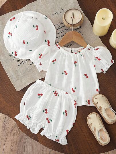 Baby Girls' Fashion Casual Cute Set: Cherry Print Drawstring Short Sleeve Top + Cherry Print Cuffed Shorts + Cherry Print Fashion Hat