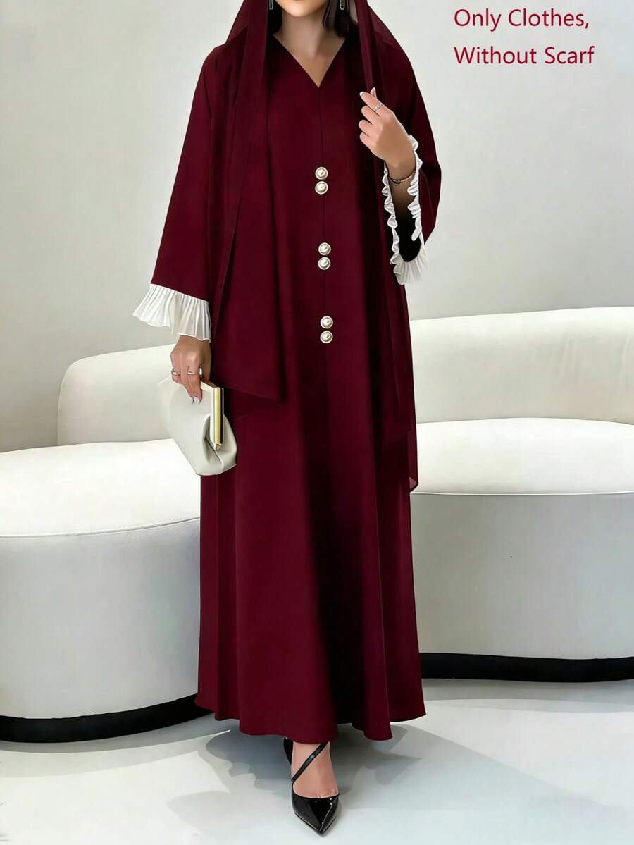Women's Autumn Solid Color Conservative Long Dress, V-Neck Design, With Contrast Color Ruffle Cuffs And Decorative Buttons, Casual Loose Fit Fall - Burgundy - View 1