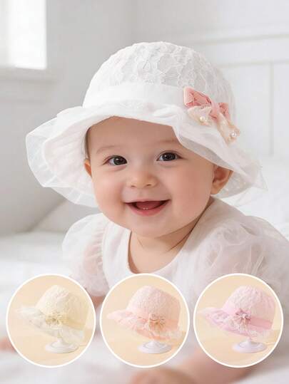 1pc Sweet & Elegant Baby Jacquard Lace Vintage Bucket Hat With Bow & Pearl, Suitable For Communion Ceremony And Wedding Flower Girl