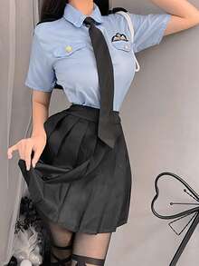1 Conjunto de Disfraz de Azafata y Oficial Sexy, Uniforme de Juego de Roles, Secretaria Seductora (Medias no incluidas) - Azul - Ver 6