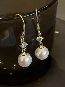 1 par de pendientes de mujer con perla en forma de lágrima dorada, adecuados para uso diario - perla - Ver 3