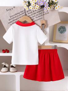两件套少女优雅学院风红领白短袖T恤+红色裙子套装，轻薄夏季款 - 紅色 - 查看 2