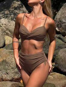 2pcs/Set Summer Solid Color Sexy Elegant Bohemian Spaghetti Strap Bikini Swimsuit For Beach Resort Vacation - Brown - View 6