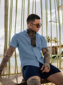 Men's Short-Sleeved Shirt With Mandarin Collar, Dunas Fabric - Shirt For Summer 2026 - Cool Shirt - Beachwear - 霧霾藍 - 查看 7