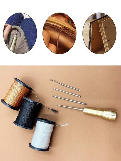 Portable Leather & Canvas Sewing Awl Set - Includes Copper Handle Awl, 4 Replacement Needles, Durable Nylon Thread - For Hand Sewing Shoes, Bags, Canvas And Leather Repair, Craftsmanship Tool Kit