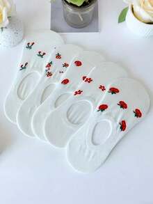 5双可爱甜美日式白色短袜，女士短袜，夏季薄款水果船袜，防滑隐形船袜 - 彩色 - 查看 1