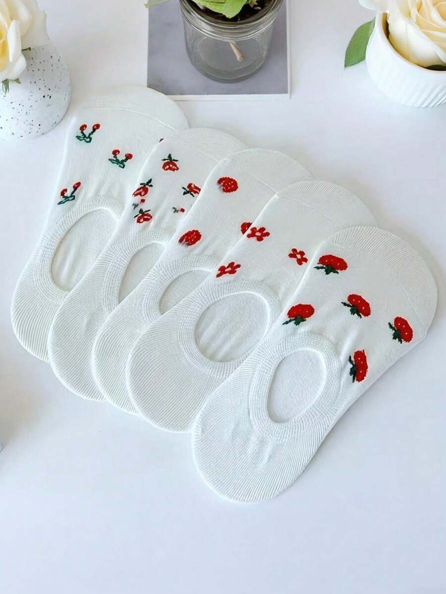 5双可爱甜美日式白色短袜，女士短袜，夏季薄款水果船袜，防滑隐形船袜 - 彩色 - 查看 1