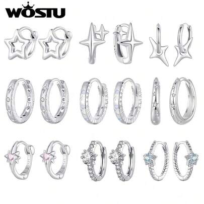WOSTU 1 Pair 925 Sterling Silver Elegant Shiny Star Earrings, Inlaid With Exquisite Sparkling Zirconia, Luxury Jewelry Gift For Women, Suitable For Party Wear