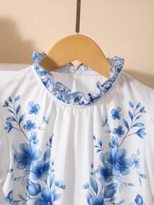 2pcs/Set Girls Floral Puff Sleeve Top And Mini Skirt, Casual Outfit For Spring/Summer - Blue and White - View 3