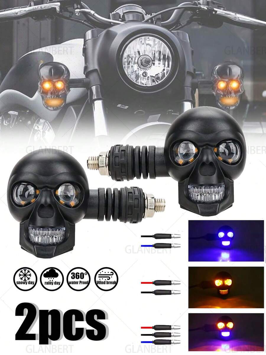 GLANBERT 2pcs LED Skull Shaped Turn Signal Lights - Dual Color Fog Lights Auxiliary Headlights, 12V, Motorcycle Lighting Accessories, Motorcycle Lighting|Fog Light Effect|Dual Color Lights