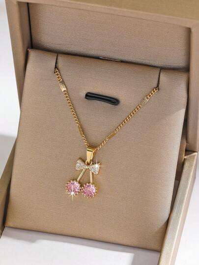 1pc Elegant Cute Butterfly & Cherry Pendant With Pink Zirconia, Ideal Daily Wear Jewelry Gift For Women And Girls, Birthday Present For Friends