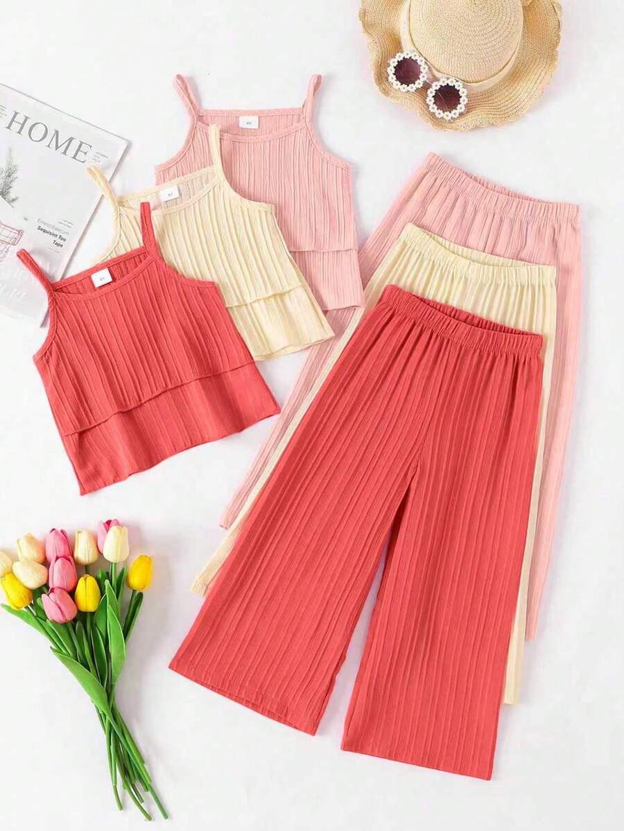 6 Stücke Mädchen Casual einfarbiges Top mit Träger kombiniert mit weiter Hose Outdoor Anzug, Frühling/Sommer - Verschiedenfarbig - Übersicht 1