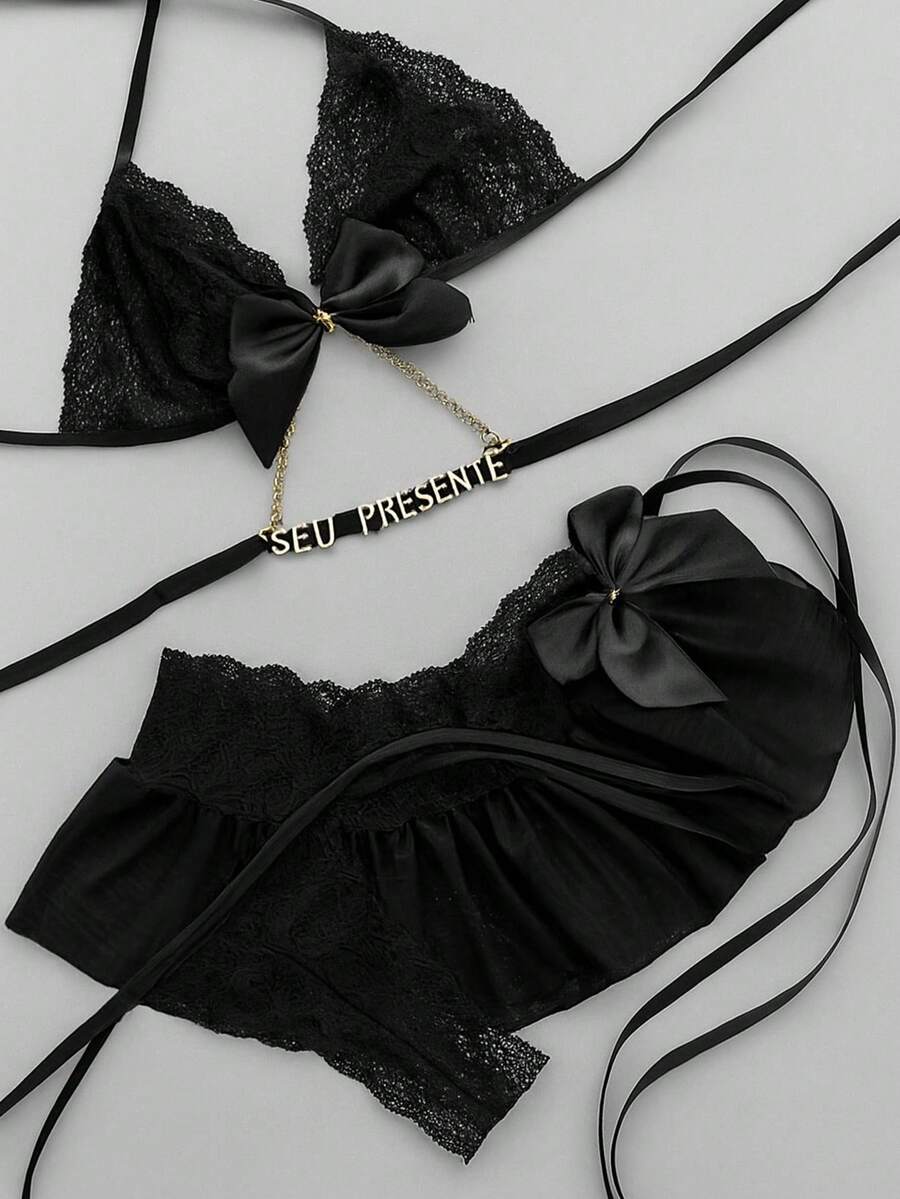 Lace Trio Set With Strap And Phrases Slit Skirt Gift Sexy Simple Lace Knot Summer Sets - 黑色 - 查看 1