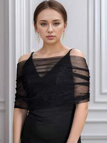 1 chiếc khăn choàng voan mỏng màu đen, thích hợp phối cùng váy cưới, giúp thon gọn vóc dáng, che phủ cánh tay. - Nhiều màu - Xem 8