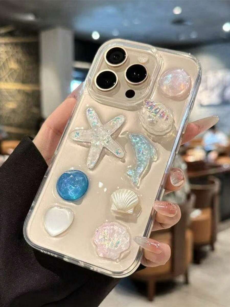 贝壳、海星、海豚海洋元素环氧树脂手机壳，适用于苹果11/12/13/14/15/16/17系列 - 彩色 - 查看 1