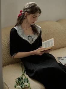 Simple Retro Women's Navy Collar Bow Tie Contrast Ruffle Hem Dress - Black - View 3