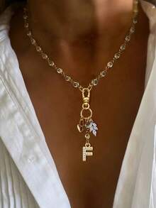 1件金色字母项链，珍珠链，白色钻石叶子吊坠项链，时尚优雅多吊坠项链，独特奢华女士项链 - 金黃色 - 查看 14