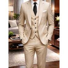 Men's Slim Fit White 3pcs Suit Notch Lapel Formal Suit Set Blazer Vest Pants For Wedding Guest Graduation Party - 米色 - 查看 12