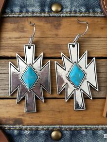 Western Totem Turquoise Geometric Drop Earrings, Vintage Distressed Turquoise Cross Dangle Earrings - Silver - View 8