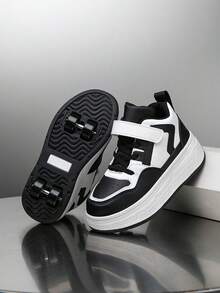 1双儿童轮滑鞋，运动鞋，弹性柔软缓震，轻便防水，皮革和合成材料鞋面，休闲街头风，男女通用 - 黑與白 - 查看 5