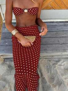 Elegant & Sexy Polka Dot Print 3-Piece Bikini Swimsuit For Women, Random Floral Print - 紅色 - 查看 2