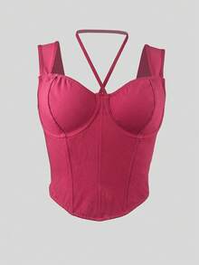 Y2K Aesthetic Burgundy Boned Corset Crop Top For Women - Burgundy - View 8
