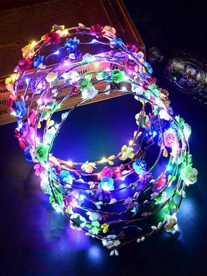 6pcs Luminous Flower Wreath Headbands, Glowing Flower Crown Hair Accessories, Suitable For Carnival, Wedding, Beach Party, Birthday Party, Cosplay, Holiday Party, Music Festival, Bridal Party