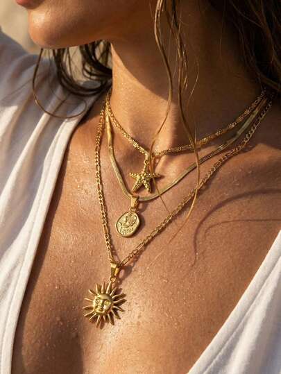 Bộ 3 dây chuyền thép titan thiết kế sang trọng, kiểu dáng nghỉ dưỡng, hình hoa, sao biển, mặt trời và khuôn mặt, phù hợp cho nữ giới đeo hàng ngày, dự tiệc, hẹn hò, đi nghỉ mát, làm quà tặng cho bạn bè, bạn gái.